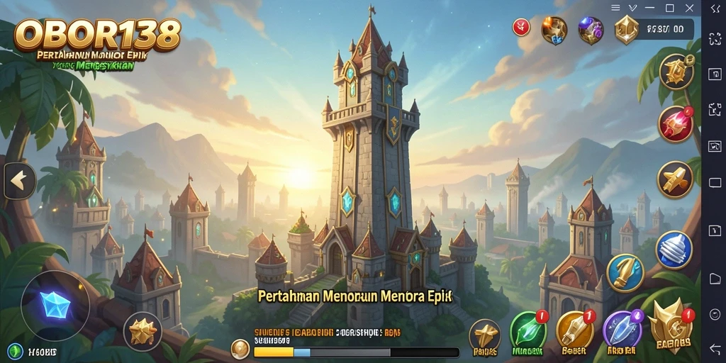 Screenshot utama OBOR138 dengan aksi menara yang menggempur musuh.